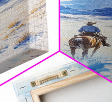 Load image into Gallery viewer, Cowboy riding through snowy mountain pass, Framed Canvas Print, western winter landscape wall art, farmhouse holiday decor Christmas gift
