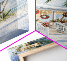 Carregar imagem no visualizador da galeria, Beach Christmas porch with palm trees and wreaths, holiday decor Framed Canvas Print Christmas wall art farmhouse tropical decor idea
