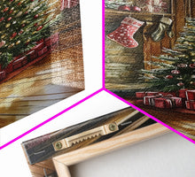 Load image into Gallery viewer, Cozy farmhouse Christmas interior Framed Canvas Print with tree stockings and fireplace, warm holiday art rustic Christmas decor mantle
