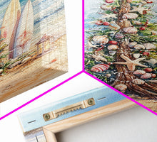 Cargar imagen en el visor de la galería, Coastal Christmas tree with surfboards at the beach Framed Canvas Print, tropical holiday wall art beach Christmas decor Christmas prints
