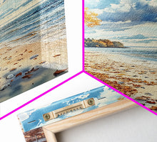 Carregar imagem no visualizador da galeria, Autumn beach landscape with vibrant fall leaves and coastal breeze Framed Canvas Print perfect fall wall art for seasonal farmhouse decor
