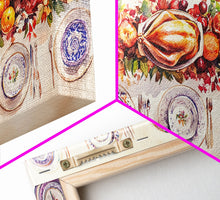 Load image into Gallery viewer, Festive Thanksgiving dinner table setting with colorful centerpiece, framed canvas print perfect autumn holiday decor wall art
