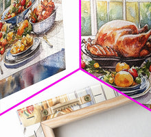 Load image into Gallery viewer, Framed Canvas Print Autumn Thanksgiving Dinner Table Art with Pumpkins, Perfect Fall Home Decor, Seasonal Wall Art, and Gallery Wall Piece
