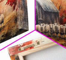 Load image into Gallery viewer, Framed Canvas Print Autumn Farm with Sheep and Pumpkins, Perfect Fall Decor, Rustic Country Home Wall Art, Seasonal Autumn Canvas Print

