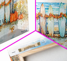 Load image into Gallery viewer, Framed Canvas Print Beach Scene with Surfboards and Pumpkins, Fall Beach Decor, Autumn Coastal Wall Art, Perfect Fall Beach Theme
