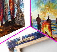 Carregar imagem no visualizador da galeria, Canvas Print Beach Bonfire with Surfboards Under Stars, Coastal Christmas Art, Tropical Holiday Wall Art, Beach Christmas Decor
