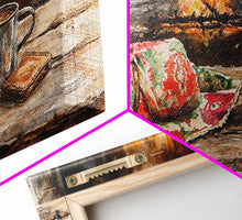 Carregar imagem no visualizador da galeria, Canvas Print Cozy Fireplace with Christmas Blanket and Mug, Rustic Christmas Decor, Holiday Home Art, Warm Christmas Wall Art
