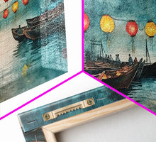 Load image into Gallery viewer, Framed Canvas Print Full Moon Lanterns on Boats, Dreamy Night Scene, Watercolor Christmas Art, Unique Holiday Decor, Coastal Christmas
