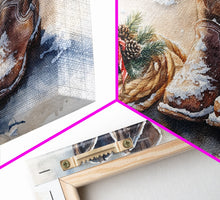 Load image into Gallery viewer, Framed Canvas Print Cowboy Boots and Rope with Pinecones, Rustic Winter Decor, Western Christmas Art, Perfect Holiday Wall Print
