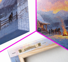 Load image into Gallery viewer, Cozy Snowy Log Cabin Tall Art Framed Canvas Print Winter Home Decor With Warm Fireplace And Horse Rider Under A Beautiful Sunset Scene
