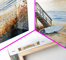 Cargar imagen en el visor de la galería, Christmas vacation decor Framed Canvas Print coastal beach cabin snowy winter landscape holiday decor gallery wall Christmas wall print
