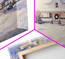 Cargar imagen en el visor de la galería, Farmhouse Christmas decor Framed Canvas Print snowy white farmhouse with wreath winter wonderland holiday decor best gift Christmas wall art
