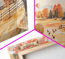 Carregar imagem no visualizador da galeria, Autumn farmhouse decor Canvas Print fall landscape with barn and chickens harvest season gift idea rustic fall wall art holiday home decor
