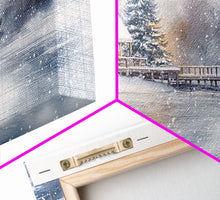 Load image into Gallery viewer, Christmas winter cabin Framed Canvas Print snowy lakeside cabin Christmas tree cozy holiday decor winter wonderland art Christmas wall decor
