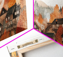 Carregar imagem no visualizador da galeria, Autumn village decor Framed Canvas Print rustic village with fall trees cozy seasonal wall art gift idea moody landscape autumn home decor
