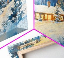 Load image into Gallery viewer, Winter cabin decor Framed Canvas Print snowy cabin and trees winter wonderland cozy holiday wall art gift idea Christmas home decor
