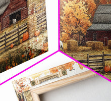 Carregar imagem no visualizador da galeria, Autumn Barn Pumpkin Horses Canvas Print Farmhouse Fall Decor Seasonal Wall Art Framed Canvas Print Rustic Fall Farmhouse Wall Art
