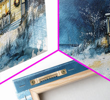 Cargar imagen en el visor de la galería, Coastal Christmas cabin decor, winter beach house art, snowy holiday seaside print, cozy Christmas wall art, framed canvas print
