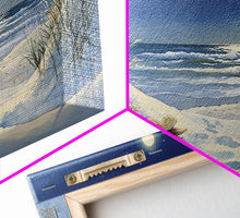 Cargar imagen en el visor de la galería, Christmas Tree on Snowy Beach with Full Moon, Framed Canvas Print, Coastal Christmas Art, Nautical Holiday Decor, Winter Wonderland, Beach
