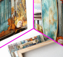 Load image into Gallery viewer, Coastal Surfboard and Pumpkins Fall Scene, Framed Canvas Print, Autumn Beach Decor, Fall Home Decor, Wall Art, Coastal Autumn Wall Print
