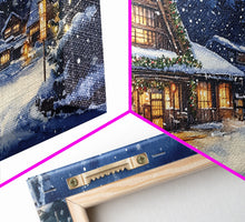 Load image into Gallery viewer, Cozy Snowy Christmas Cabin Scene Canvas Print | Winter Wonderland Christmas Wall Art | Rustic Christmas Decor | 2024 Holiday Art Gift
