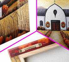 Carregar imagem no visualizador da galeria, Autumn pumpkin farm with barn, canvas print, fall farmhouse decor, rustic autumn home decor, cozy fall harvest wall art for seasonal display

