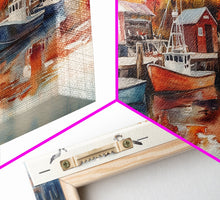 Cargar imagen en el visor de la galería, Fishing boats in harbor with autumn trees, framed canvas print, fall coastal art, rustic nautical decor, perfect gift idea, autumn wall art
