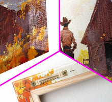 Load image into Gallery viewer, Cowboy and His Barn, Framed Canvas Print, Landscape Art Christmas Cowboy Holiday Art Wall Decor Seasonal
