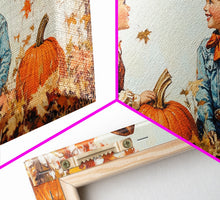 Carregar imagem no visualizador da galeria, Cute Cowboy and Cowgirl In a Pumpkin Patch, Framed Canvas Print, 1950s Style Wall Art, Nursery Decor
