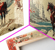 Load image into Gallery viewer, Cowboy resting by campfire under aspen trees with mountains in background, Framed Canvas Print, rustic wall art, warm western decor piece
