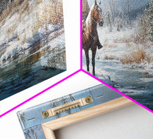 Load image into Gallery viewer, Cowboy riding horse through vibrant autumn forest, Framed Canvas Print, tall fall wall art, rustic western decor, moody landscape
