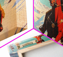 Load image into Gallery viewer, Cowboy in red jacket riding through snow-covered forest, Framed Canvas Print, vibrant winter wall art, rustic western decor
