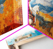 Load image into Gallery viewer, Cowboy on autumn swing, Framed Canvas Print, rustic Western art with vibrant fall, tall framed canvas print autumn decor farmhouse wall art
