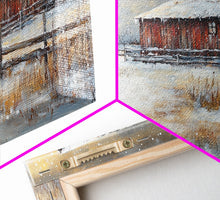 Load image into Gallery viewer, Barn Painting Framed Canvas Print, Cowgirl and her Barn, Rustic Farmhouse Decor, Winter Painting, Winter Wonderland, Farmhouse Wall Art

