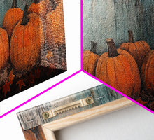 Load image into Gallery viewer, Cute Cowgirl In A Pumpkin Patch, Framed Canvas Print, Fall / Thanksgiving Decor, minimalist seasonal art for autumn or Christmas decor
