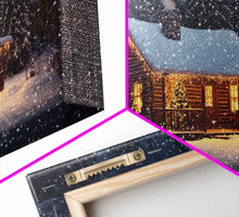 Load image into Gallery viewer, Cozy Cabin in Snow Framed Canvas Print, Winter Wonderland Scene Art, Rustic Christmas Decor, Holiday Wall Art, Seasonal Gift Idea
