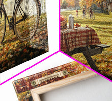 Load image into Gallery viewer, Autumn picnic with apples and plaid tablecloth, fall farmhouse decor, canvas print, country autumn art, autumn wall decor
