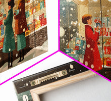 Cargar imagen en el visor de la galería, Christmas Window Shopping Scene Framed Canvas Print, Nostalgic Winter Holiday Wall Art Decor, Best Christmas Gift Idea, City Christmas Decor
