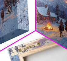 Load image into Gallery viewer, Cowboys and Log Cabin Winter Christmas Framed Canvas Print, Rustic Mountain Holiday Scene Art, Best Christmas Gift Idea, Winter Decor
