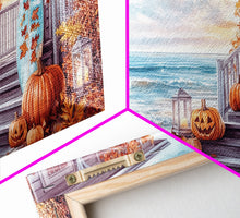 Carregar imagem no visualizador da galeria, Fall Beachfront Porch With Pumpkins Autumn Decor Framed Canvas Print, Coastal Autumn Home Decor Wall Art Beach Vibes
