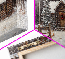 Load image into Gallery viewer, Snowy Log Cabin Christmas Framed Canvas Print, Rustic Winter Wonderland Art, Cozy Holiday Decor, Best Gift Christmas Wall Art
