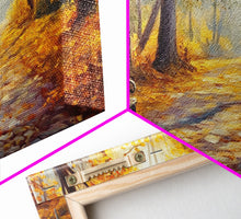 Carregar imagem no visualizador da galeria, Autumn Path Bench Framed Canvas Print, Serene Fall Landscape Wall Art, Cozy Farmhouse Decor, Seasonal Wall Art Gift Idea
