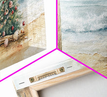 Load image into Gallery viewer, Christmas Tree On Sandy Beach With Surfboard Coastal Decor Framed Canvas Print, Beach Christmas Decor Wall Art
