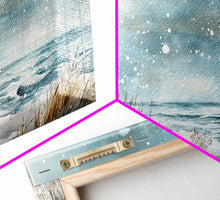 Load image into Gallery viewer, Coastal Christmas Lighthouse Decor Framed Canvas Print, Snowy Beach Scene with Holiday Wreath and Lighthouse Winter Wall Art
