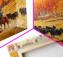 Load image into Gallery viewer, Cowboy Herding Cattle Under Mountains Framed Canvas Print Tall Art Autumn Country Landscape Fall Decor Western Wall Art Farmhouse Gift Idea
