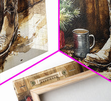 Cargar imagen en el visor de la galería, Christmas Cowboy Boots By Tree Framed Canvas Print Tall Art Rustic Western Christmas Decor Farmhouse Holiday Wall Art Cowboy Holiday Gift
