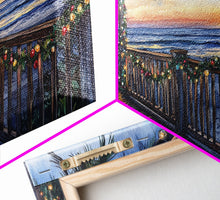 Carregar imagem no visualizador da galeria, Beachfront porch with surfboards and Christmas lights, Framed Canvas Print with wreaths festive lights, coastal holiday wall art and decor
