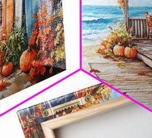 Carregar imagem no visualizador da galeria, Autumn surfboard porch decor scene, Framed Canvas Print with pumpkins and fall leaves on beach, autumn beach house wall art and decor piece
