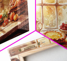 Load image into Gallery viewer, Thanksgiving table scene with food, pies and fall decor, Framed Canvas Print with pumpkins sunlight, autumn harvest home wall art and decor
