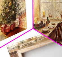 Load image into Gallery viewer, Rustic Christmas dining room scene with a Christmas tree, Framed Canvas Print with a festive table warm fireplace, farmhouse holiday decor
